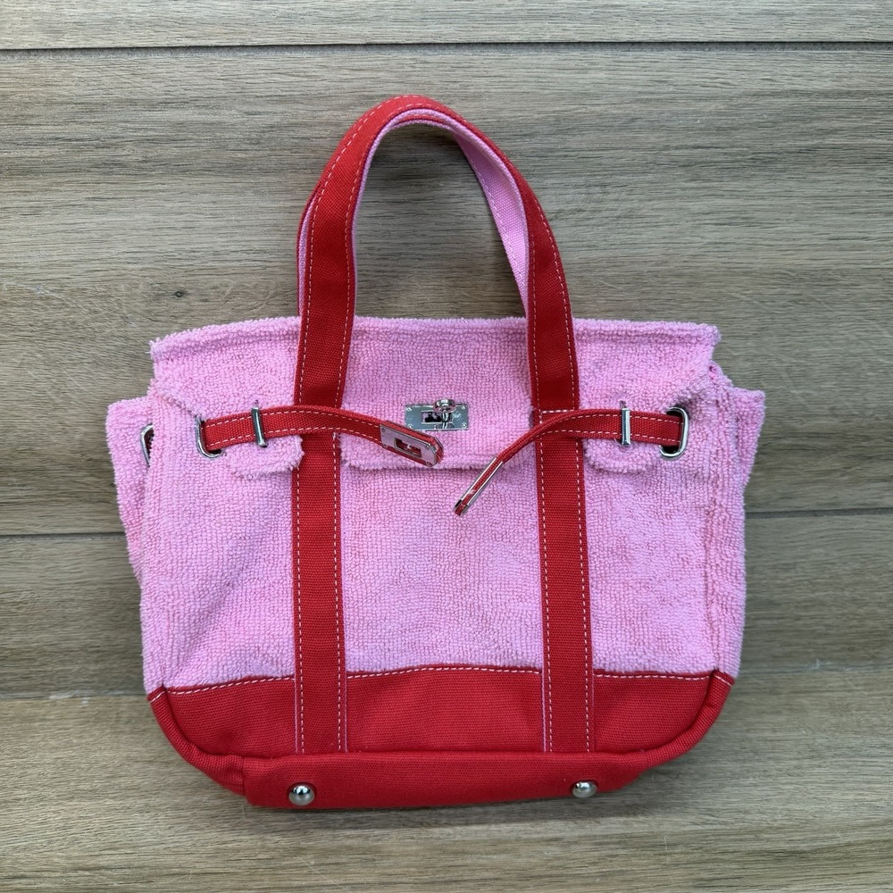 NEW Boatkin Sunwin Madaket Small Classic Tote Bag Terry Cloth Canvas Red Pink - Picture 2 of 11